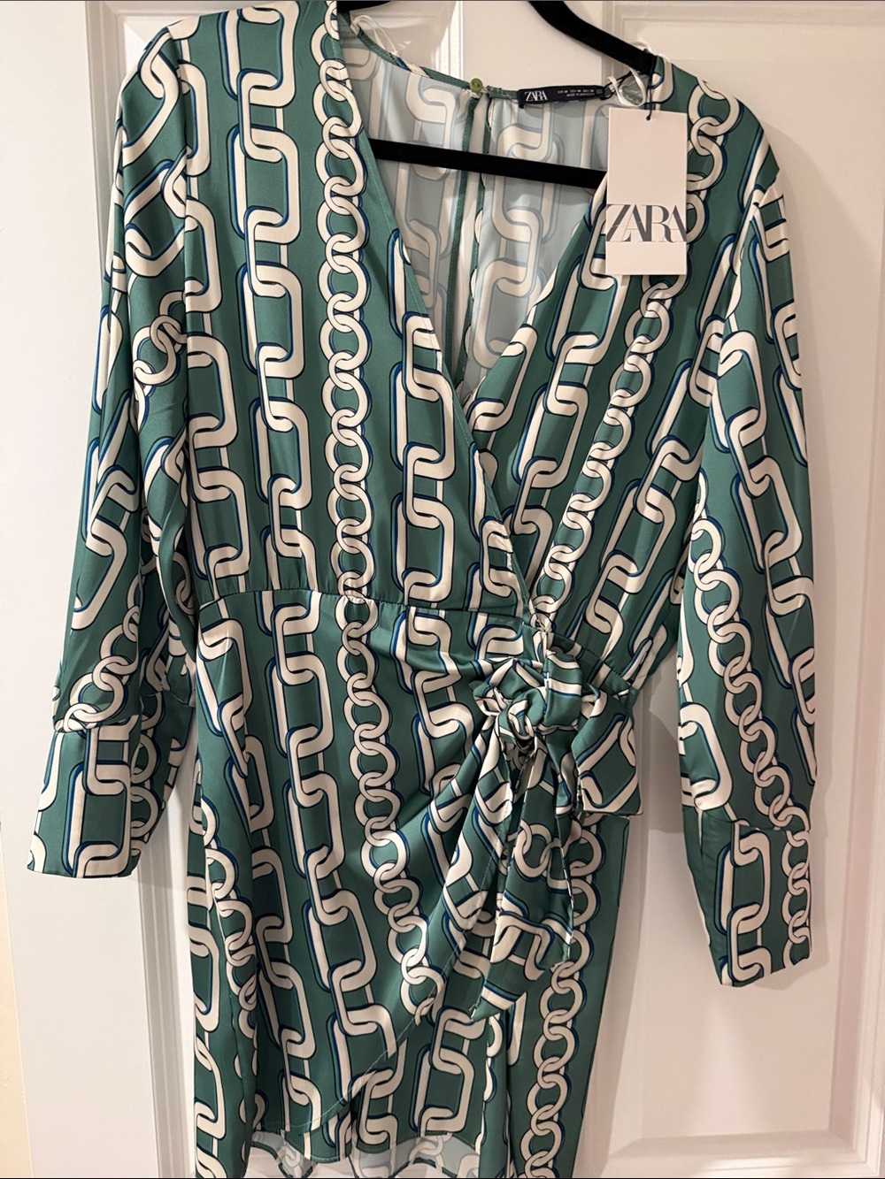 Zara Teal and White Chain-Print Wrap Dress